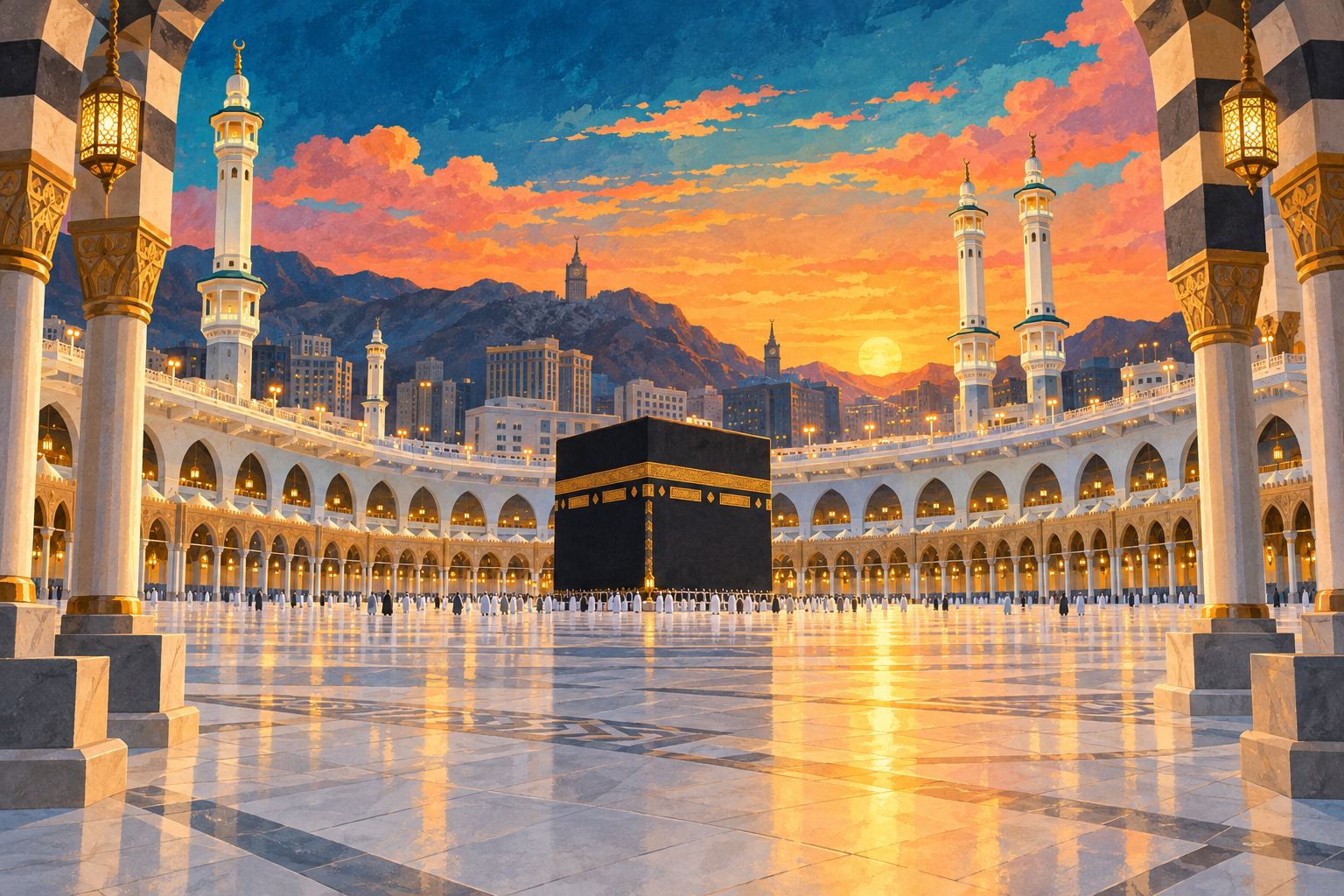 Illustrated sunset over the Kaaba and mosque courtyard